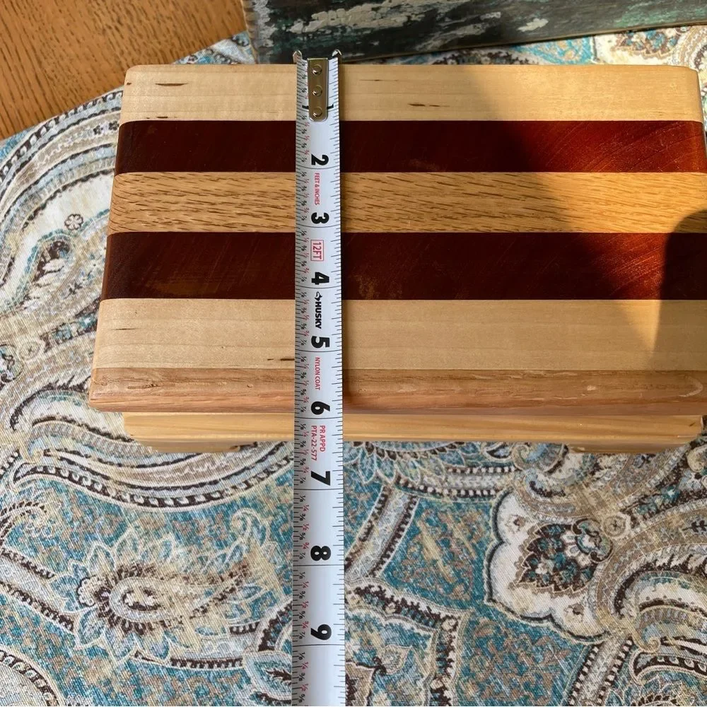 Artisan Signed Striped Hardwood Jewelry Keepsake Box Red Lined Footed